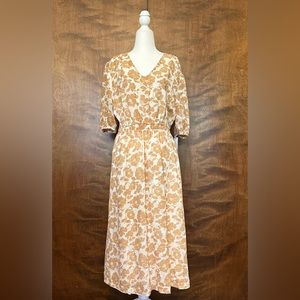 Draper James Womens XXL Gold Floral Jacquard Fall Midi Dress Elbow Sleeves Lined